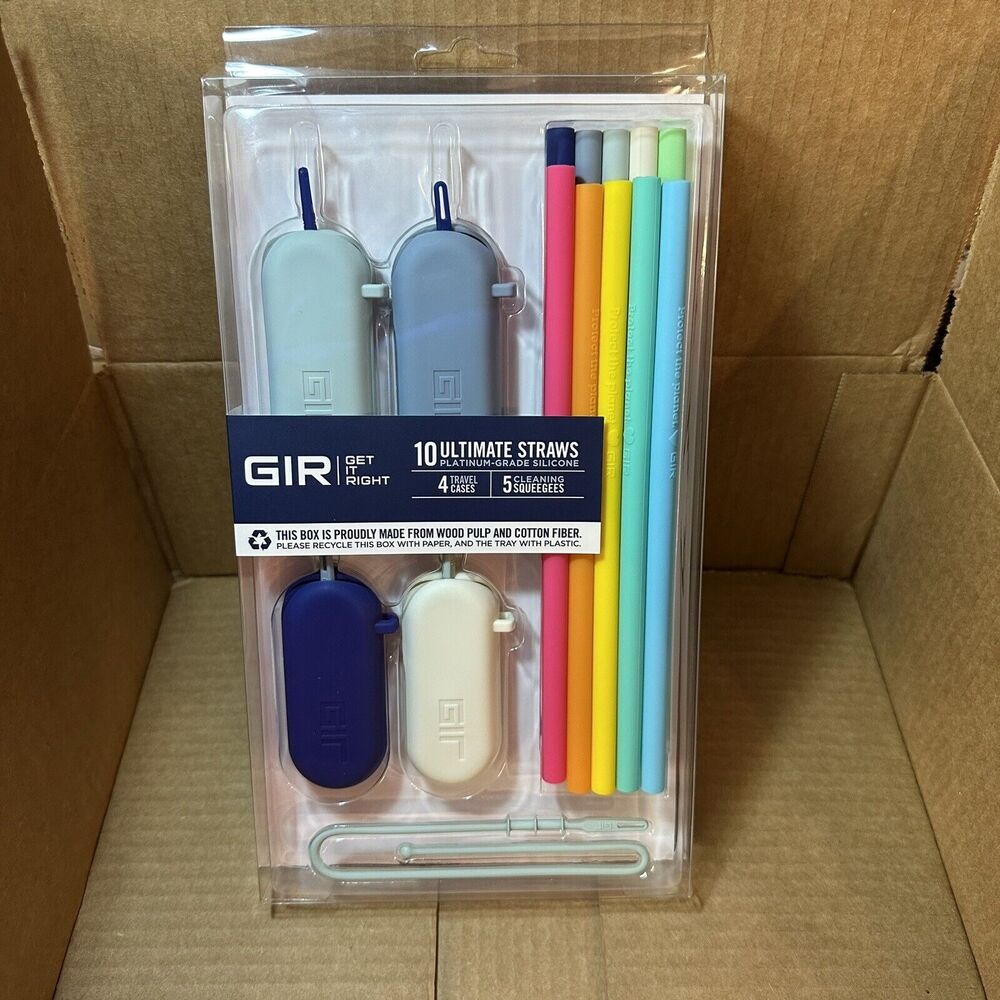 GIR: 10 Pack Ultimate Silicone Straws With 4 Travel Cases & Cleaning Squeegees.